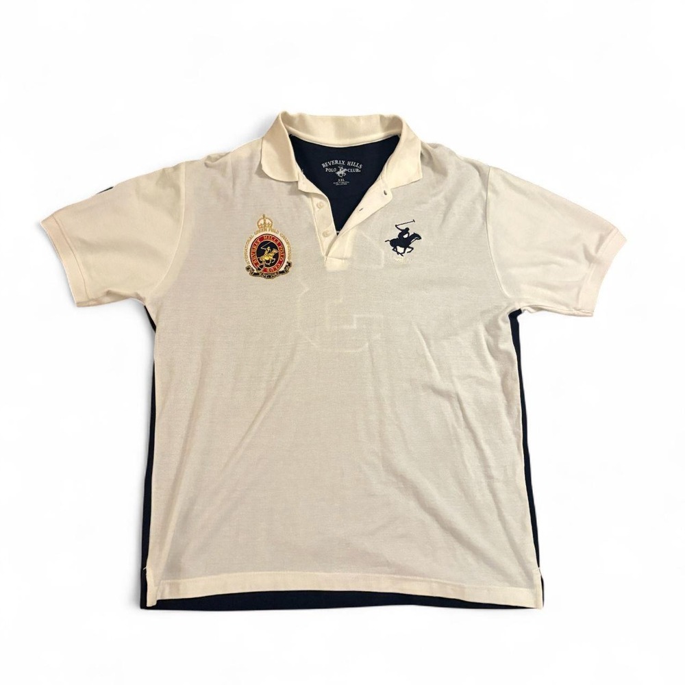 Beverly Hills Polo Club Mens XXL White Navy Number 3 Vintage Polo Shirt